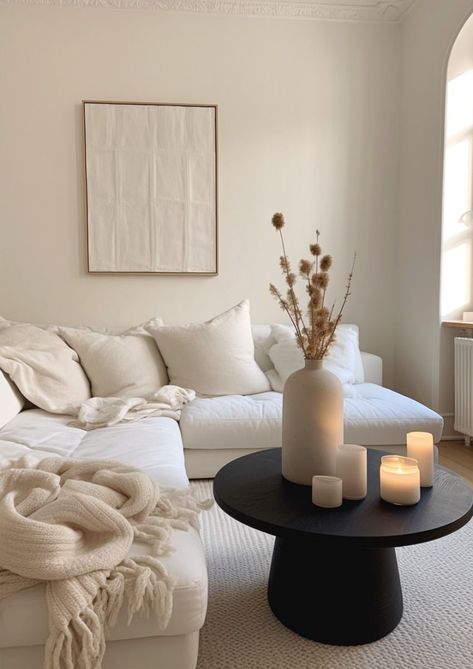 Home Inspo White Black Neutral Living Room, Cozy Aesthetic Living Room Ideas, Neutral Living Room White Couch, White Apartment Aesthetic Living Room, Black And Beige Aesthetic Living Room, White Sofa Living Room Color Combos, Black And Cream Living Room Ideas, Beige Apartment Aesthetic, Neutral Living Room Apartment