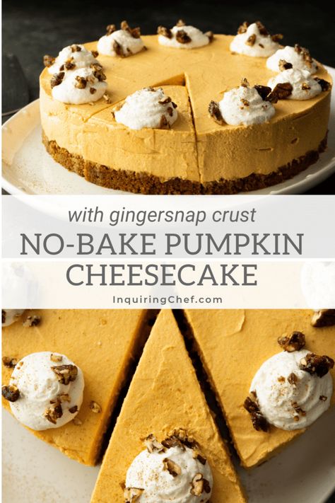 No-Bake Pumpkin Cheesecake with Gingersnap Crust - Inquiring Chef Pumpkin Cheesecake Nobake, Ginger Snap Crust Cheesecake, Pumpkin Cheesecake No Bake, Gingersnap Crust Cheesecake, No Bake Pumpkin Cheesecake With Ginger Snap Crust, Pumpkin Cheesecake Bars With Gingersnap Crust, No Bake Pumpkin Cheesecake With Gingersnap Crust, Pumpkin Gingersnap Cheesecake, Pumpkin Cheesecake With Ginger Snap Crust