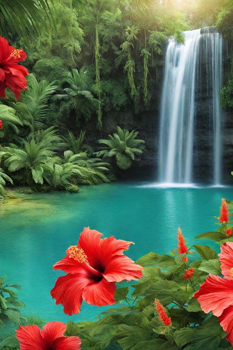 AI Generated Image #tropical #garden #hibiscus #waterfall Tropical Waterfall Aesthetic, Beautiful Waterfalls Photography, Botanical Murals, Tropical Island Aesthetic, Jamaica Waterfalls, Waterfall Tropical, Hibiscus Aesthetic, Tropical Waterfall, Clip Art Frames Borders