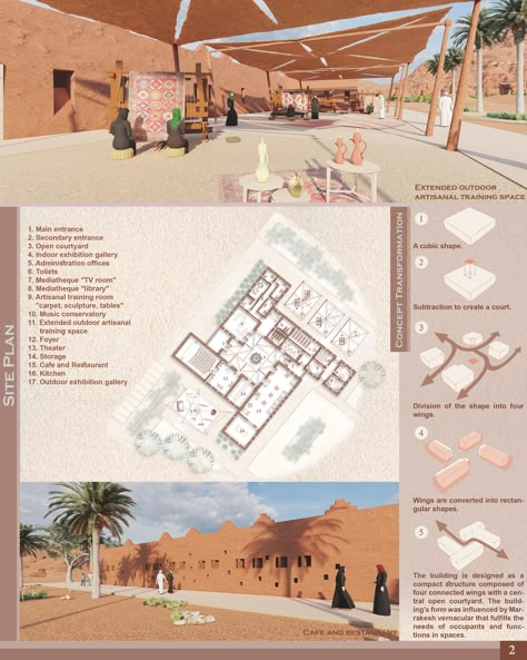 Rectangle Concept Architecture, Diriyah Architecture, Culture Center Plan, Cultural Center Concept, Cultural Center Architecture Concept, Courtyard Design Architecture, Ecolodge Design, Research Center Architecture, Art Center Design