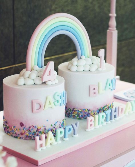 Les Enfants on Instagram: “Come Travel Through The Stars and Rainbows 🌈✨! We just love this theme so much, who can say no to a pastel rainbow world of dreams? With a…” Rainbow Cake For Twins, Twin 1st Birthday Cake, 1 St Birthday Cake For Twins, Twin Rainbow Cake, Double Rainbow Cake, Double Cake Designs Birthday, Twins Bday Cake, 1st Birthday Cake For Twins, Birthday Cake Ideas For Twins