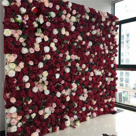 Flower Wall Red And Pink, Pink And Maroon Wedding Decorations, Red Flower Stage Decoration, White Pink Red Wedding, Burgundy Flower Wall, Red Floral Backdrop, Burgundy Backdrop, White Pink Wedding, Red Rose Wall