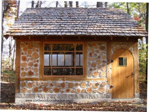 building a round brick smokehouse | Tom and Mary Barchacky built a beautiful cordwood shed in Green Bay ... Cottage Garden Sheds, Cordwood Homes, Wood Shed Plans, Cord Wood, Outdoor Sheds, Wood Shed, Natural Building, Earthship, Small Cabin