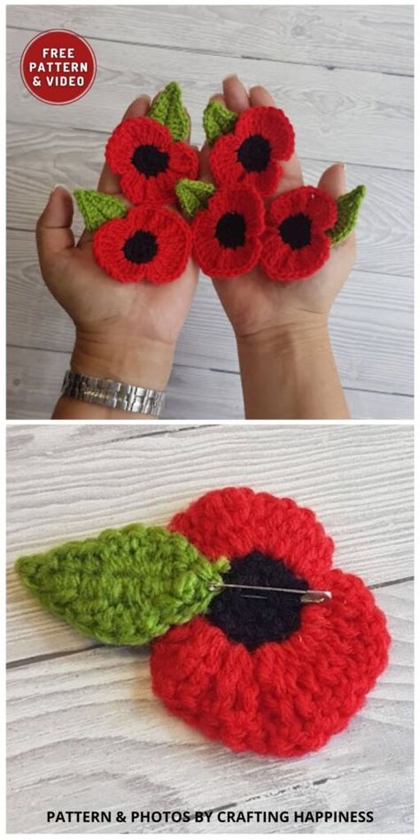 Knitted Poppy Free Pattern, Crochet Poppy Free Pattern, Crochet Poppy Pattern, Poppy Tutorial, Knitted Poppies, Crochet Poppy, Remembrance Day Poppy, Quick Crochet Projects, Beginner Crochet Tutorial