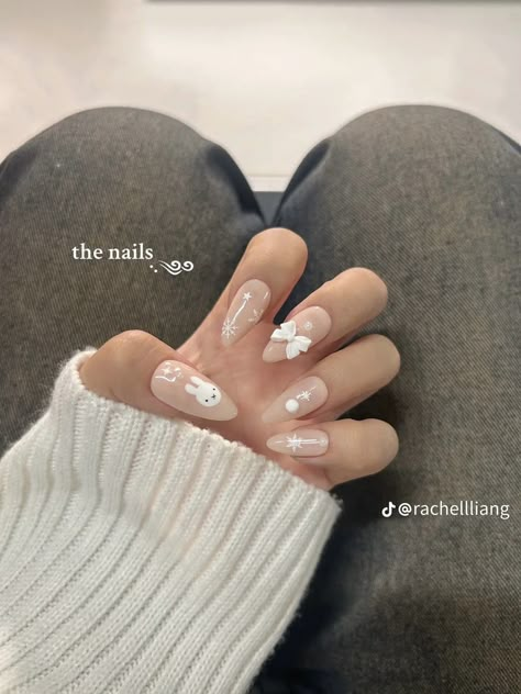 Cute Nails Winter, Miffy Nails, Nails Chinese, Nails Douyin, Chinese Nails, Douyin Nails, Nails Tiktok, Winter Nails Christmas, Nails Coquette