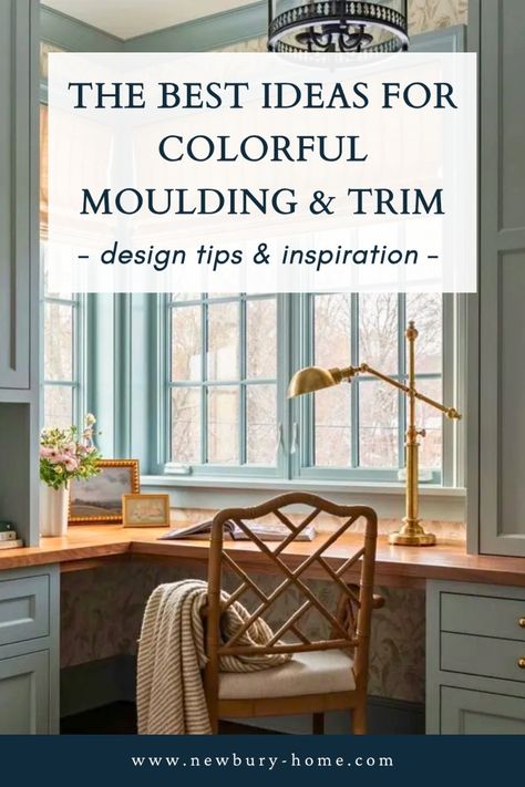 If there is one element that can elevate any space, it is architectural moulding and trim. Even if you live in a builder basic home, without any architectural detailing, you can still dress up a room with colorful trim and moulding! Read the post to see the best colorful trim and moulding ideas and learn how to incorporate it in your own home. Newbury Home is your source for timeless home decor, gardening tips, and elegant living on a budget. This post includes inspiration for: colorful eclectic home, colorful interiors, window trim ideas interior, black trim interior, colorful baseboards and trim, wall trim, contrast trim, trim ideas, colorful bedroom ideas, painted trim, colorful home, crown molding, wall molding, interior window trim, luxury interior design, paint color ideas, and more! Decorative Wood Trim Moldings, Inside Window Trim Color Ideas, Cottage Moulding Ideas, Painted Moldings And Trim Living Room, Colored Trim Bedroom, Bedroom Walls And Trim Same Color, Contrasting Baseboards And Trim, Green Contrast Trim Interior, Trim And Wall Paint Combinations