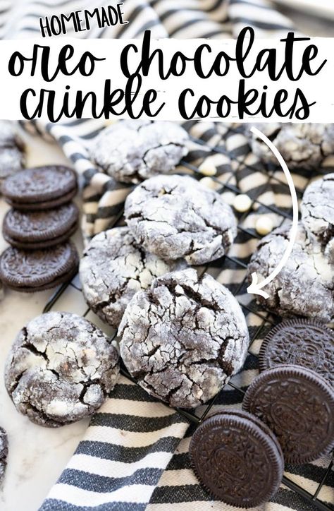 Chocolate Oreo Crinkle Cookies Oreo Crinkle Cookie, Holiday Oreo Cookies, Cooking With Karli Cookies, Crinkle Cookies Recipe Cake Mixes, Chocolate Crinkle Cookies Recipe, Oreo Cookie Recipes, Crumble Cookie, Cocoa Powder Cookies, Crinkle Cookies Recipe