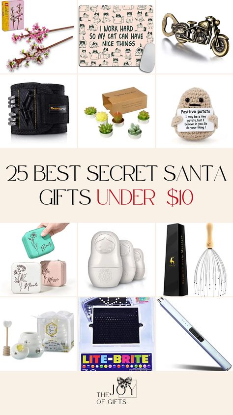 Need a great Secret Santa gift under $10? This gift guide from The Joy of Gifts will help you find an affordable gift that they'll love! See fun, useful, and decorative Secret Santa gift ideas that are unique and thoughtful. Girly Secret Santa Gifts, Secret Santa Gift Ideas Under 5, Simple Secret Santa Gifts, Best Secret Santa Gifts For $20, 15 Dollar Gift Ideas Secret Santa, Secret Santa Gifts Under $10, Secret Santa Gift Ideas Under $10, Secret Santa Gift Ideas Under 20$, Small Secret Santa Gift Ideas