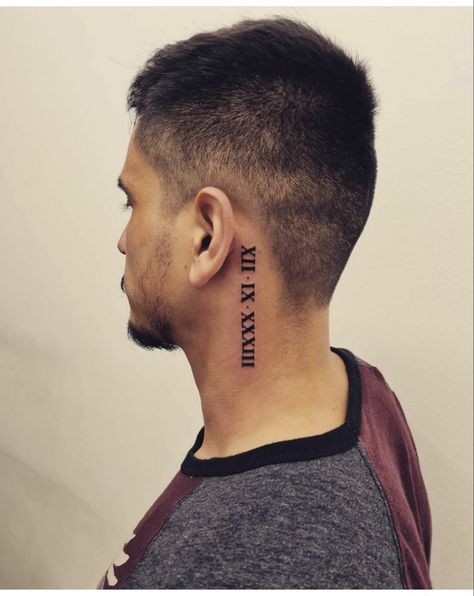 roman numerals tattoos Roman Letters Tattoo, Mens Roman Numeral Tattoo, Letters Tattoo Ideas, Kneck Tattoos, Roman Numeral Wrist Tattoo, Neck Tattoo Women, Tattoos Behind Ear, Numerals Tattoo, Roman Numbers Tattoo