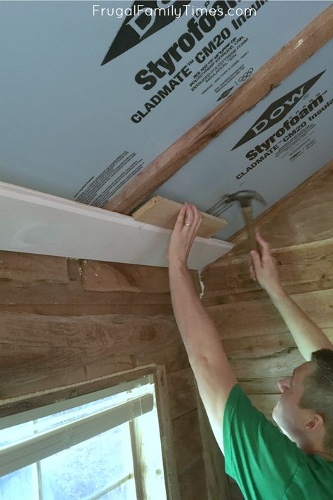 How To Install Shiplap Ceiling, She Shed Ceiling Ideas, Shed Ceiling Ideas, Shiplap Ceilings, Bunkhouse Ideas, She Shed Interior, Plywood Ceiling, Ceiling Diy, Ceiling Remodel