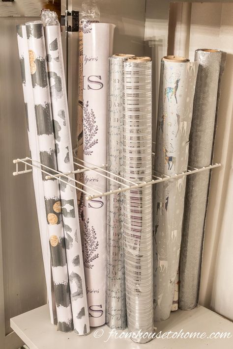 Cut holes in wire shelves to store wrapping paper | 7 clever wire shelving hacks that will get you organized | If you are looking for some DIY wire shelving hacks that are easy and inexpensive, this list of organization ideas will help you to repurpose those wire shelves. Shelving Hacks, Bedroom Storage Hacks, Storage Hacks Bedroom, Craft Closet Organization, Crafting Room, Diy Wrapping Paper, Wrapping Paper Storage, Creative Wrapping, Wire Shelves