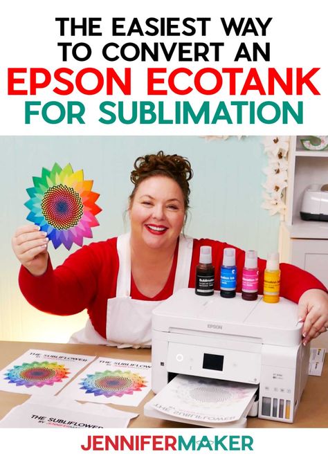 The Best Budget Sublimation Printer is the Epson EcoTank pictured with JenniferMaker and her Subliflower sublimation test print Best Sublimation Paper, How To Convert Epson Printer To Sublimation, Epson Sublimation Printer, Jennifer Maker Sublimation, Printer For Sublimation, Best Sublimation Printer, Epson Ecotank Printer, Jennifer Maker, Cricut Art