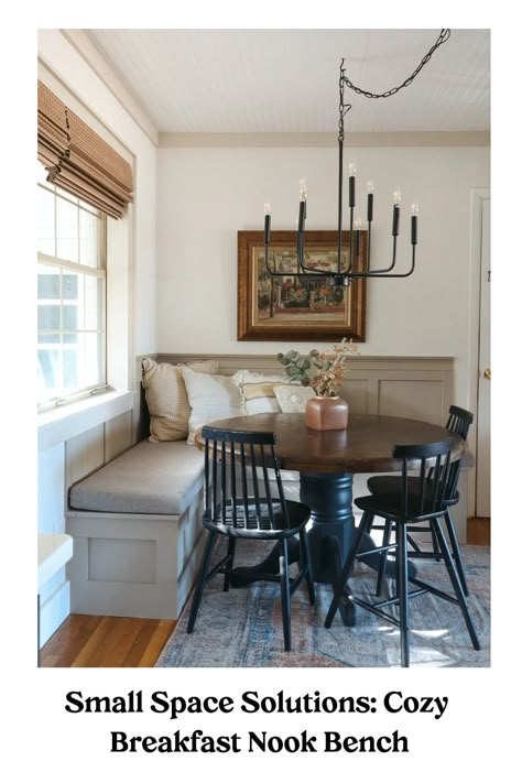 Cozy breakfast nook with a built-in bench, round table, black chairs, and a modern chandelier. Breakfast Nook Round Table And Chairs, Eat In Kitchen Nook Corner Bench, Small Morning Room Off Kitchen Ideas, Boho Breakfast Nook Corner, Bench Seat Round Table, Round Table Corner Bench, Breakfast Nook And Living Room Combo, Corner Eating Nook, Cafe Nook In Kitchen