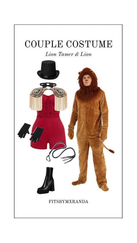 Couple Costume | Lion Tamer & Lion | #outfitinspo #halloween #halloweenaesthetic #halloweencostume #couplecostume Diy Lion Tamer Costume Women, Lion Tamer Costume, Costume Lion, Lion Couple, Lion Tamer, Lion Costume, Couple Costume, Sorority Events, Halloween 2024