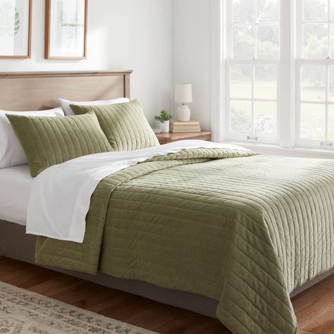 Velvet #ad bedding quilt for fall or winter bedroom ideas! Threshold Bedding, Olive Bedroom, Guest Room Makeover, Quilt Green, Textured Quilt, Dorm Room Inspo, Fall Bedding, Flannel Quilts, Striped Quilt