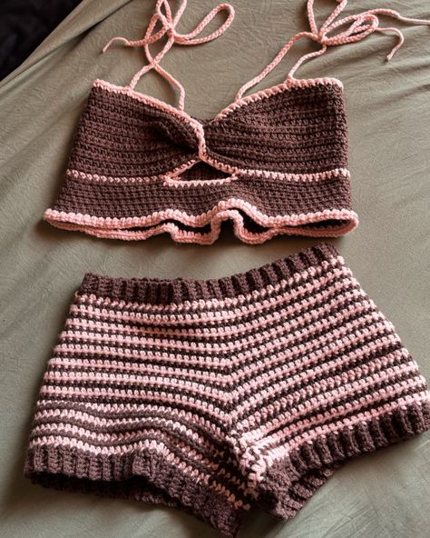 I am very happy with this set I made 🤎💕 100% free handed. - This project was a stash buster but as an estimate you could make this or something similar with less than one skein of a value yarn for the main color and even less for the accent color (depending on your size of course). - This was made with loops and threads soft classic :) #crochetersofinstagram #crochet #fiberart #fiberartist #pinkaesthetic #coquette #crochetdesigner #handmade How To Make Crochet Pants, Crochet Pjs Set, Crochet Lounge Set Free Pattern, Crochet Sleepwear, Crochet Pj Set, Crochet Pajama Set, Crochet Pyjamas, Crochet Pjs, Crochet Lounge Set