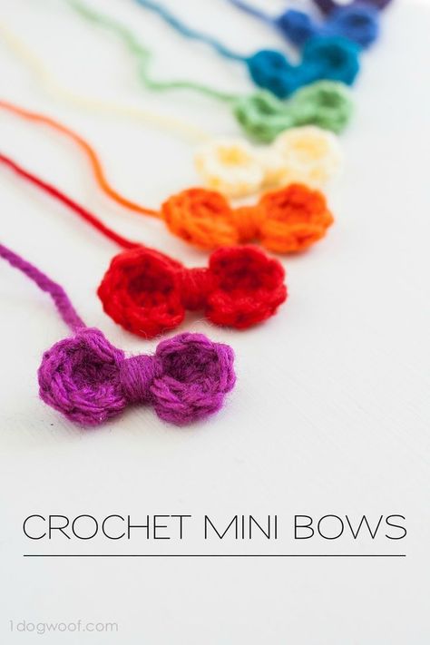 Small Crochet Bow Pattern Free, Crochet Mini Bow Tie Free Pattern, Crochet Mini Bow Tie, Crochet Mini Bows Free Pattern, Mini Crochet Bow Pattern Free, How To Crochet A Small Bow, Simple Crochet Bow Pattern, Crochet Small Bows Free Pattern, Mini Crochet Clothes