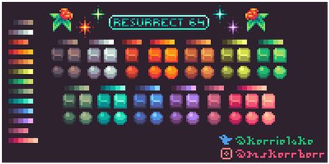 Resurrect 64 palette Art Color Tutorial, Color Tutorial, Pixel Color, Pixel Art Tutorial, 8bit Art, Cool Pixel Art, Patreon Logo, Video Game Design, Color Schemes Colour Palettes