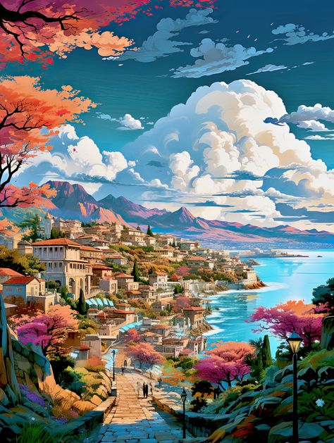 Fantasy Mediterranean City, Athens Wallpaper, City Landscape Illustration, Greece Drawing, Mediterranean City, Athens City, Music Bar, City By The Sea, Sea Illustration