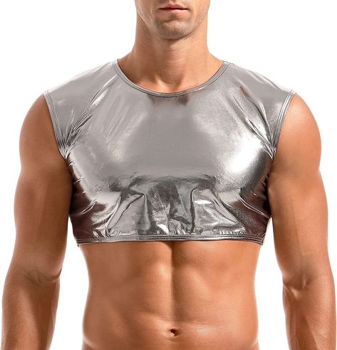 Mens Sleeveless Shirt, Mens Crop Tops, Metallic Crop Top, Metallic Shorts, Nightclub Party, Satin Shorts, Casual Sweatpants, Cropped Tops, Party Tops