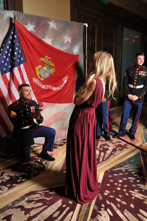 Marine Proposal, Marine Couple Pictures, Military Proposal, Marine Girlfriend Pictures, Marine Corps Couple Pictures, Marine Ball Dresses, Marine Homecoming, Event Photoshoot, Marine Corps Ball