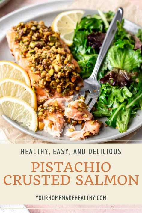 This Slow Roasted Pistachio Crusted Salmon is one of my favorite oven baked fish dishes. It's light, healthy, and crusted with a sweet and salty pistachio topping. All you need is 10 minutes of prep, making this recipe easy enough for those busy weeknights. Peanut Crusted Salmon, Pistachio Salmon Baked, Pistachio Encrusted Salmon Recipe, Pistachio Crusted Mahi Mahi, Pistachio Salmon Recipes, Salmon With Pistachio Crust, Pistachio Crusted Salmon Recipes, Pistachio Crusted Halibut, Pistachio Fish