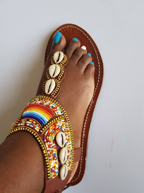 Sandals Colorful, African Sandals, Kenyan Wedding, African Shoes, Summer Leather Sandals, Pom Pom Slippers, Cowrie Shells, Black Slippers, Beaded Sandals