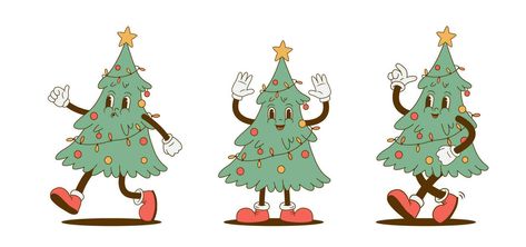 Retro Christmas Drawings, Christmas Retro Illustration, Happy New Year Decoration, Christmas Tree Cartoon, Xmas Cartoon, Christmas Tree Illustration, Retro Mascot, Cartoon Christmas Tree, Christmas Graphic Design