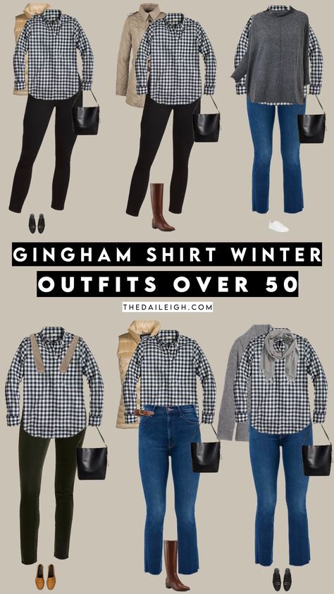 How To Wear A Gingham Shirt In Winter Over 50 — THE DAILEIGH Black Gingham Shirt Outfit, The Daileigh Outfits, Gingham Shirt Outfit Women, Black And White Gingham Shirt Outfit, Long Sleeve Gingham Shirt For Work, Casual Gingham Shirt For Fall, Gingham Button-up Tops For Fall, Gingham Shirt Outfit, Casual Gingham Long Sleeve Flannel Shirt