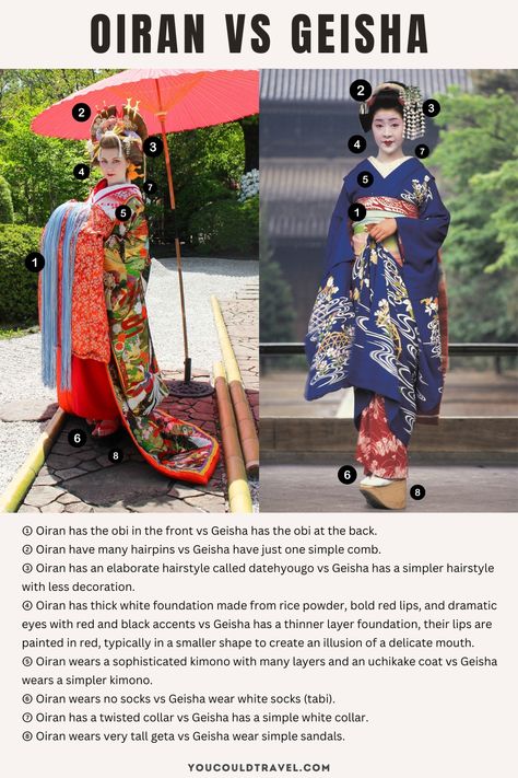 Many people outside of Japan may not know the differences between Oiran and Geisha, two traditional Japanese female entertainers. This article explores the contrasts and similarities of their histories, costumes, makeup, lifestyles, and roles in society, offering a nuanced perspective on their unique cultural significance. Japanese Womens Kimono, Kimono Accessories Traditional, Japanese Make Up Traditional, Traditional Japanese Kimono Female, Geisha Dress Traditional Kimono, Yukata Vs Kimono, Geisha Kimono Traditional, Japanese Oiran Clothes, Japanese Costume Woman