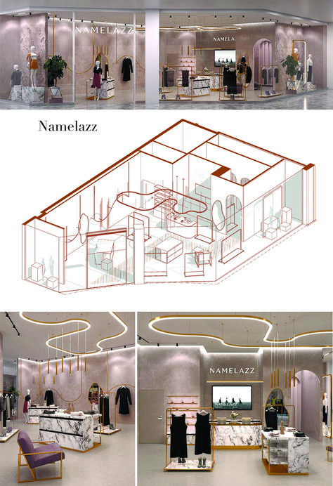 Concept Store "Namelazz" design project Concept Clothing Store, Retail Store Ceiling Design, Interior Fashion Store, Fashion Outlet Interior Store Design, Poster Interior Design Project, Departmental Store Design, Clothing Store Plan, Boutique Floor Plan Store Layout, Store Layout Ideas Retail