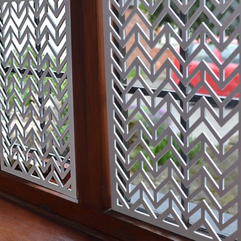 Interior window screens in laser cut metal Cnc Window Design, Decorative Screen Panels Interior Design, Decorative Metal Screen Interior Design, Window Trims, Art Deco Laser Cut Panels, Car Stripes, Balcony Bar, Window Bars, Interior Window