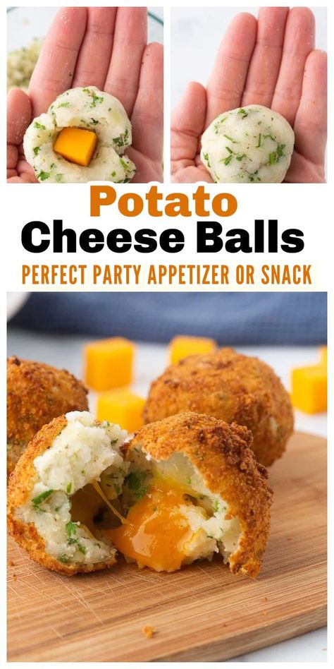 mashed potatoes with oozing cheese deep fried with Pinterest overlay. Mashed Potato Cheese Bites, Potato Pancake Appetizer, Garlic Parm Potato Cheese Balls, Potato Cheese Balls Recipes, Appetizers With Potatoes, Cheese Stuffed Potato Balls, Easy Potato Appetizers, Potato Appetizer, Deep Fried Potato Balls