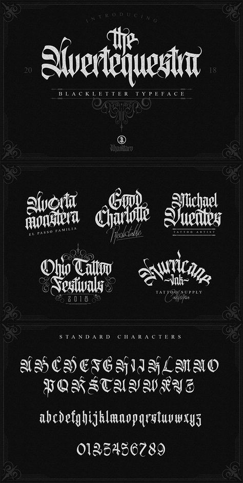 Ad: AVERTEQUESTRA  is a typeface with Blackletter style taste, includes full set of gorgeous uppercase and lowercase letters, numerals, punctuation, ligatures, discretionary ligatures, alternate characters, multilingual characters support and extra ornaments, giving realistic calligraphy blackletter style.  Avertequestra is very suitable as to make a design choice for Tattoo Logo, Barbershop Logo, Music Events, Badges, Clothing and many more.  Inspired by blackletter calligraphy. $99 Gothic Font Calligraphy, Blackletter Logo Design, Fraktur Calligraphy Alphabet, Tattoo Typeface, Blackletter Logo, Blackletter Typography, Calligraphy Blackletter, Black Letter Font, Wildflower Logo