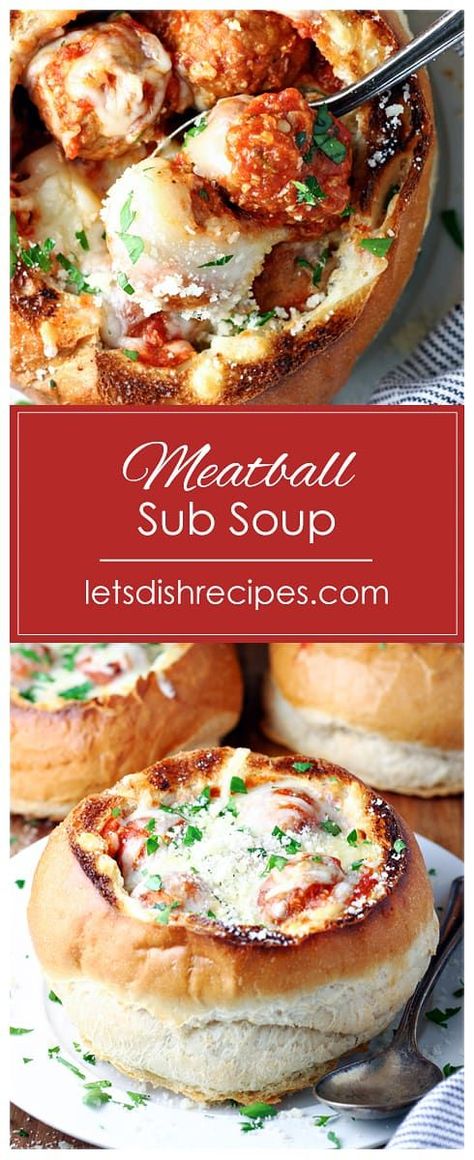 Meatball Sub Soup Recipe: Beef meatballs in a tomato based broth are cooked in hollowed out bread bowls, then topped with tons of gooey melted cheese. All the flavors of a meatball sub in a delicious, hearty soup! #soup #meatballs #recipes #meatballsub Meatball Sub Soup, Soup With Bread Bowl, Best Bread Bowl Soups, Beef Meatball Soup Recipes, Bread Bowls Soup, Frozen Meatball Soup, Mini Meatball Soup, Soup In A Bread Bowl, March Recipes