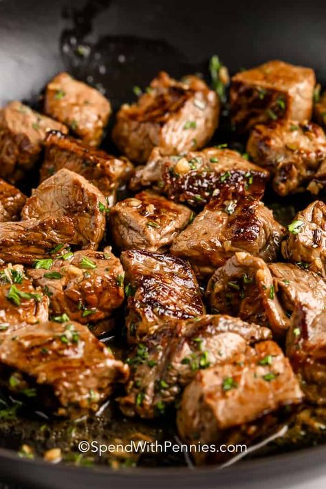 Garlic butter steak bites taste great as an appetizer or even as an entrée. Kids and adults love them and they're perfect for dipping! #spendwithpennies #steakbites #recipe #appetizer #garlicbutter #tender #best #easy #marinated #keto Crockpot Beef Tips, Beef Tips Recipe, Air Fryer Steak Bites, Steak Marinades, Garlic Butter Steak Bites, Butter Steak Bites, Steak Bites Recipe, Garlic Steak, Air Fryer Steak