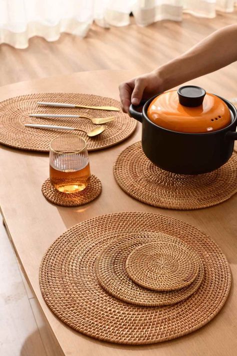 Natural Rattan Weaving Placemats Coasters Woven Table Place Mats For Dining Dining Table Mats Ideas, Place Mats Ideas, Table Mats Ideas, Weaving Placemats, Coasters Woven, Japanese Style Minimalist, Mat Weaving, Rattan Placemat, Rattan Placemats