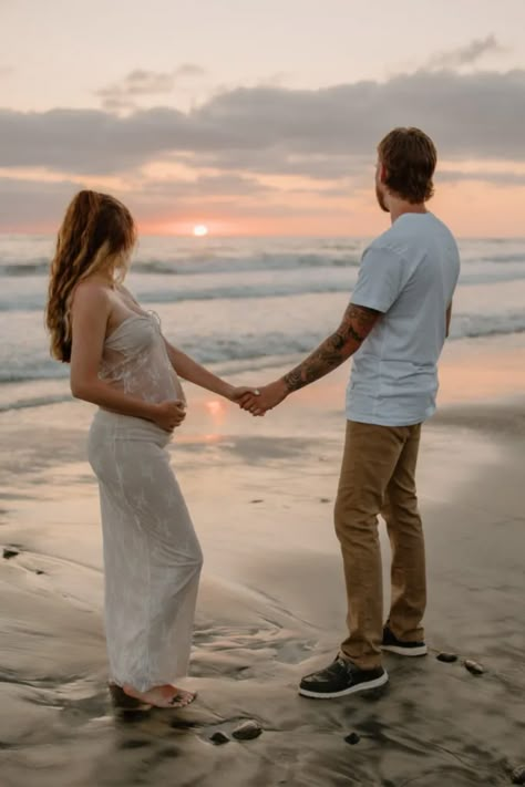 Maternity Photography Beach Outfits, La Jolla Maternity Shoot, Maternity Shoot Poses Beach, Beachy Maternity Outfits, California Maternity Photos, White Maternity Dress Photo Shoots Beach, Spring Beach Maternity Photos, Beach Themed Maternity Shoot, Beach Maternity Photos Individual