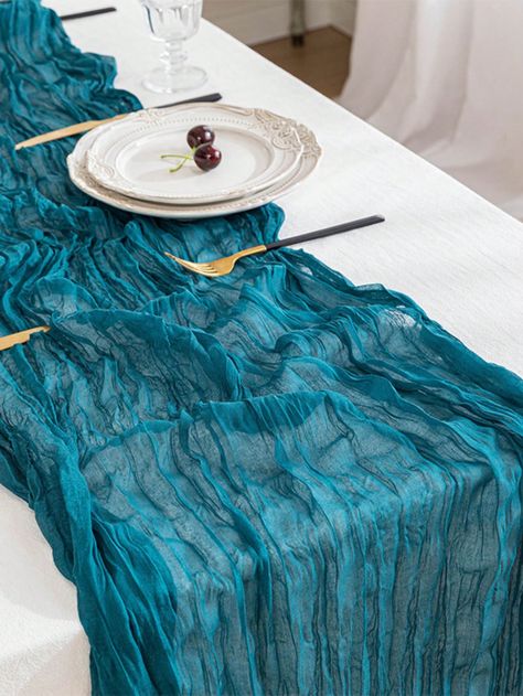 1pc Table Flag In Teal Cheese Cloth Fabric With Bohemian Balinese Rustic Wedding Party Table DecorationI discovered amazing products on SHEIN.com, come check them out! Sheer Table Runner, Cheese Cloth Table Runner, Table Runner For Wedding, Cloth Table Runner, Cheesecloth Table Runner, Party Cake Table, Birthday Party Table Decorations, Wedding Party Table Decorations, Birthday Table Decorations