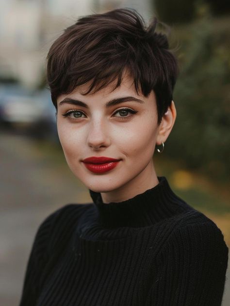 Famous Pixie Haircuts, Parisian Pixie Haircut, Square Face Pixie, Pixie With Micro Bangs, Pixie Haircut Bangs, Tomboy Pixie Haircut, Dark Brown Pixie Haircut, Straight Hair Pixie Haircut, 80s Pixie Cut