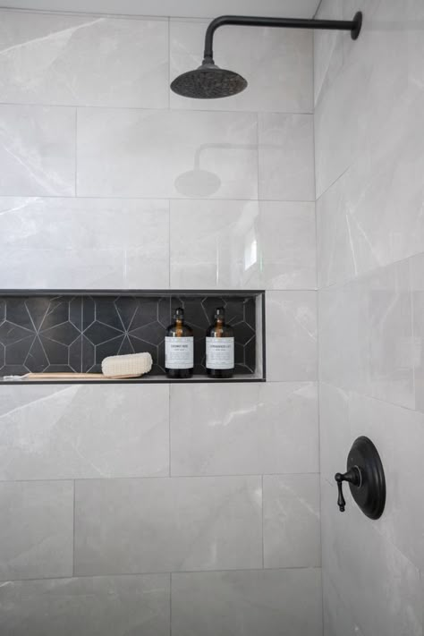 Shower niche, gray and black tile. New bathroom renovation. Main Bathroom Ideas, Grey Bathroom Tiles, Modern Bathroom Tile, Bathroom Redesign, Shower Niche, Bathroom Tile Designs, Bathroom Remodel Designs, Bathroom Remodel Shower, Master Bath Remodel