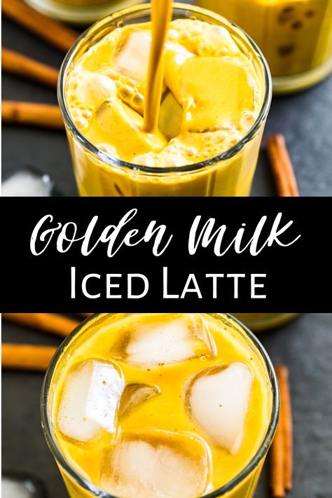 This recipe for my Golden Milk Iced Latte is super easy and you can make it ahead to keep in the refrigerator. That way, you're just a glass of ice away from this super easy iced latte. I love this creamy drink as a way to add turmeric to my diet and take a break from coffee. It's perfect for hot summer days and patio sipping!  #goldenmilk #healthy #turmeric #icedlatte #dairyfree #paleo Iced Golden Milk, Golden Milk Recipe Turmeric, Golden Milk Recipe, Golden Milk Latte, Spiced Drinks, Keto Drinks, Turmeric Latte, Beverage Recipes, Golden Milk