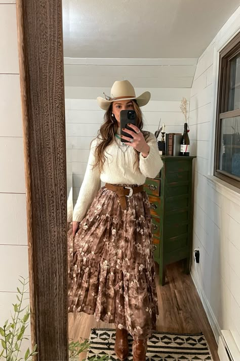 Maxine Floral Skirt in Brown curated on LTK Country Tulle Skirt Outfit, Country Western Dresses Casual, Long Skirt Outfit Inspiration, Fall Horseback Riding Outfits, Flower Skirt Outfit Winter, Outfits To Wear To Church Winter, Cowboy Boot And Skirt Outfits, Cowboy Skirt Outfit, Cute Outfits For Church Jeans