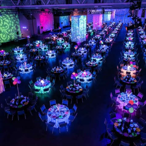 Essentia Glow Room Purple Glow Quince Theme, Glow Party Wedding, Glow In Dark Wedding, Glow In The Dark Wedding Reception, Glow In The Dark Quinceanera, Black Light Centerpieces, Neon Nights Prom Theme, Neon Quinceanera Theme, Light Up The Night Theme Party Ideas