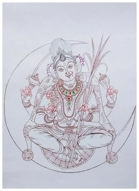 Lakshmi Devi Sketch, God Sketch, Deities Art, Compass Art, Temple Drawing, Mysore Painting, Indian Traditional Paintings, Ancient Drawings, Beach Art Painting