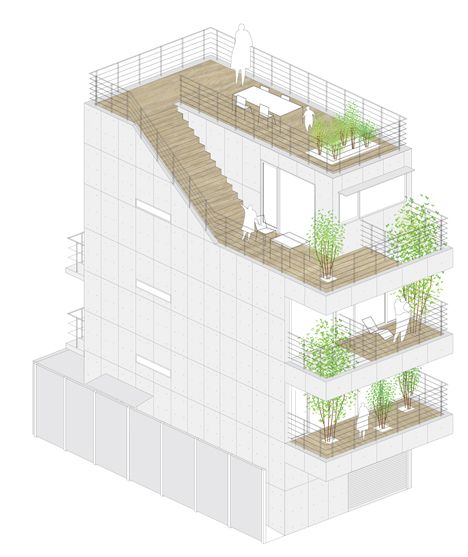 Four-storey house with tree-lined balconies by Ryo Matsui Architects Terraced Houses Architecture, Balcony Ideas Architecture, Terraced Apartment Building, Balcony House Second Story, Terrace Architecture, Balcony Architecture, Architecture Balcony, Balcony House, Social Housing Architecture