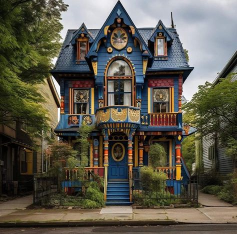 Quirky Victorian House, Maximalist Exterior House, Rainbow House Exterior, Maximalist House Exterior, Unique Home Exterior, Weird Houses, Painted Lady House, Purple House, Colorful Houses