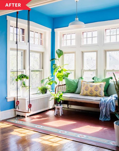 Before & After: 4 Lessons I Learned Giving My Sunroom a Colorful Upgrade | Apartment Therapy Sunroom Colors, Small Sunroom Ideas, Apartment Therapy House Tours, Small Sunroom, Bold Paint Colors, Sunroom Ideas, Blue Ceilings, Sherwin Williams Colors, Layered Rugs