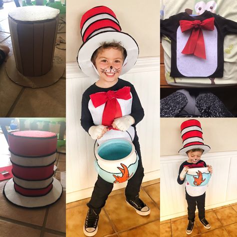 Cat In The Hat Book Week Costume, Easy Dr Seuss Character Costume, Cat In The Hat Spirit Week, Cat In Hat Costume Diy, Cat In The Hat Character Day, Book Week Diy Costumes, Dr Susse Costumes, Dr Seuss Book Week Costume, Dr Seuss Week At School