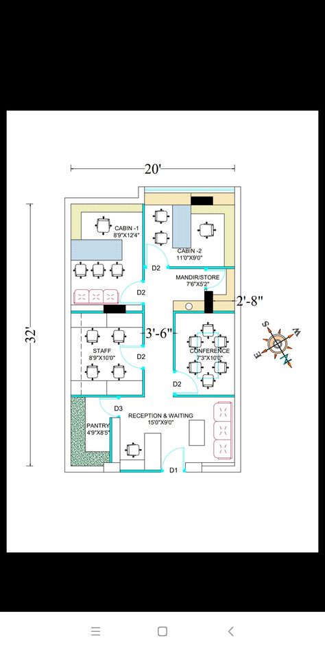 layout of office for 600sqft carpet area Admin Area Design, Office Plan With Dimensions, Small Offices Plans Layout, Office Plan Layout Design, 400 Sq Ft Office Design, Office Floor Plan With Dimensions, 8 X 12 Office Layout, Open Plan Office Design Layout, Office Space Planning Layout